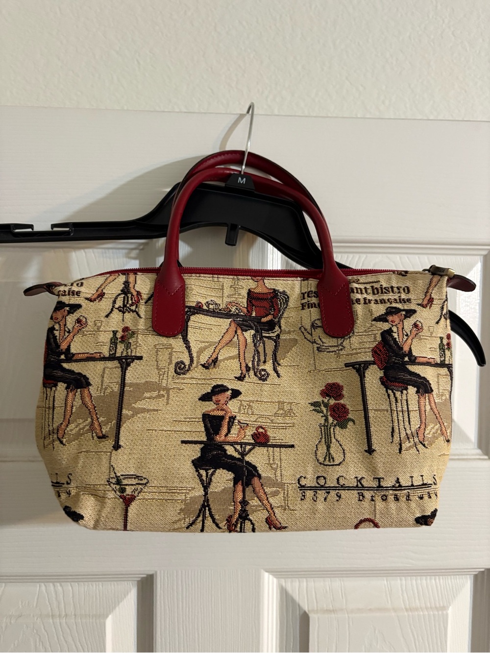 VINTAGE 5379 Broadway Tapestry Restaurant Scene Satchel with Burgundy Handles
